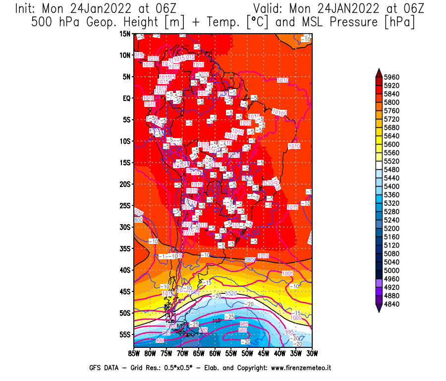Mappa di analisi GFS - Geopotenziale [m] + Temp. [°C] a 500 hPa + Press. a livello del mare [hPa] in Sud-America
							del 24/01/2022 06 <!--googleoff: index-->UTC<!--googleon: index-->