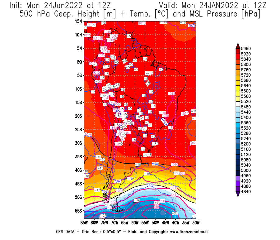 Mappa di analisi GFS - Geopotenziale [m] + Temp. [°C] a 500 hPa + Press. a livello del mare [hPa] in Sud-America
							del 24/01/2022 12 <!--googleoff: index-->UTC<!--googleon: index-->