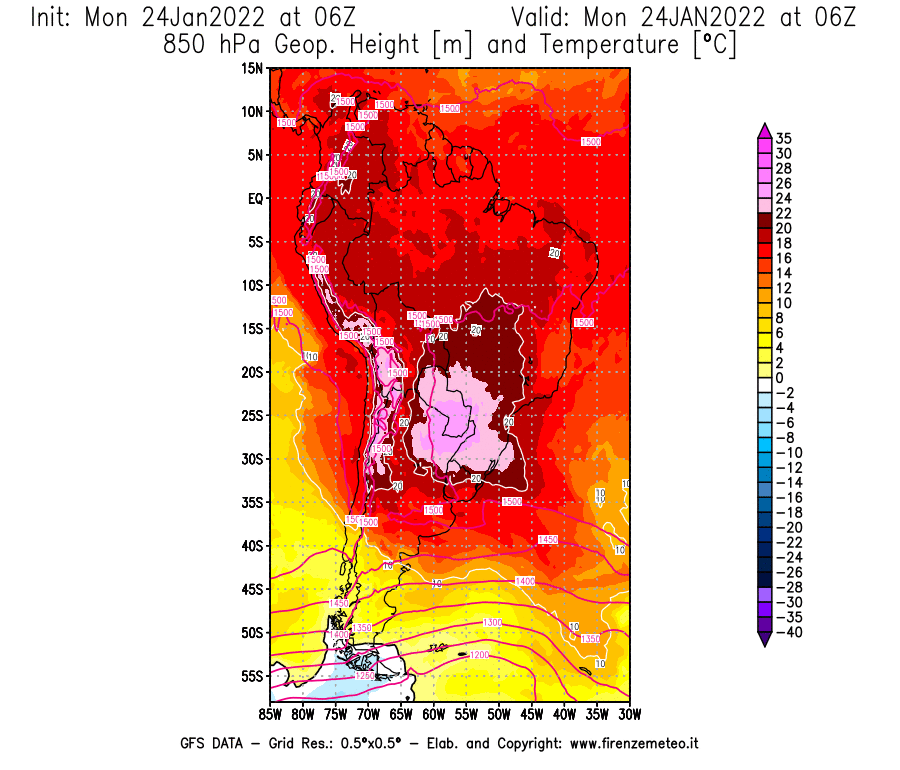 Mappa di analisi GFS - Geopotenziale [m] e Temperatura [°C] a 850 hPa in Sud-America
							del 24/01/2022 06 <!--googleoff: index-->UTC<!--googleon: index-->