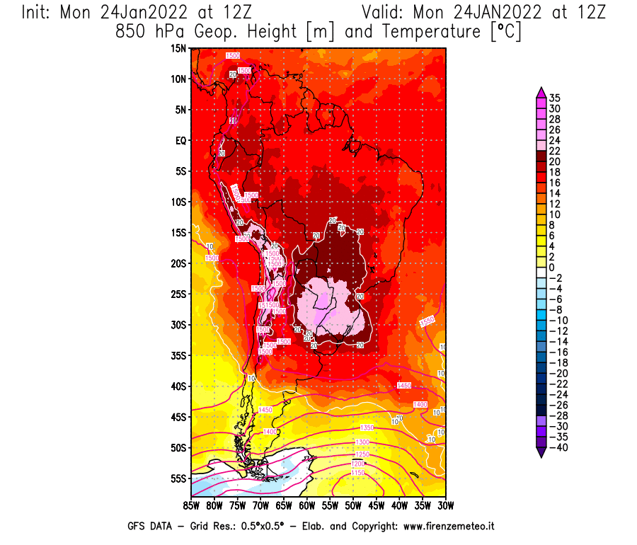 Mappa di analisi GFS - Geopotenziale [m] e Temperatura [°C] a 850 hPa in Sud-America
							del 24/01/2022 12 <!--googleoff: index-->UTC<!--googleon: index-->
