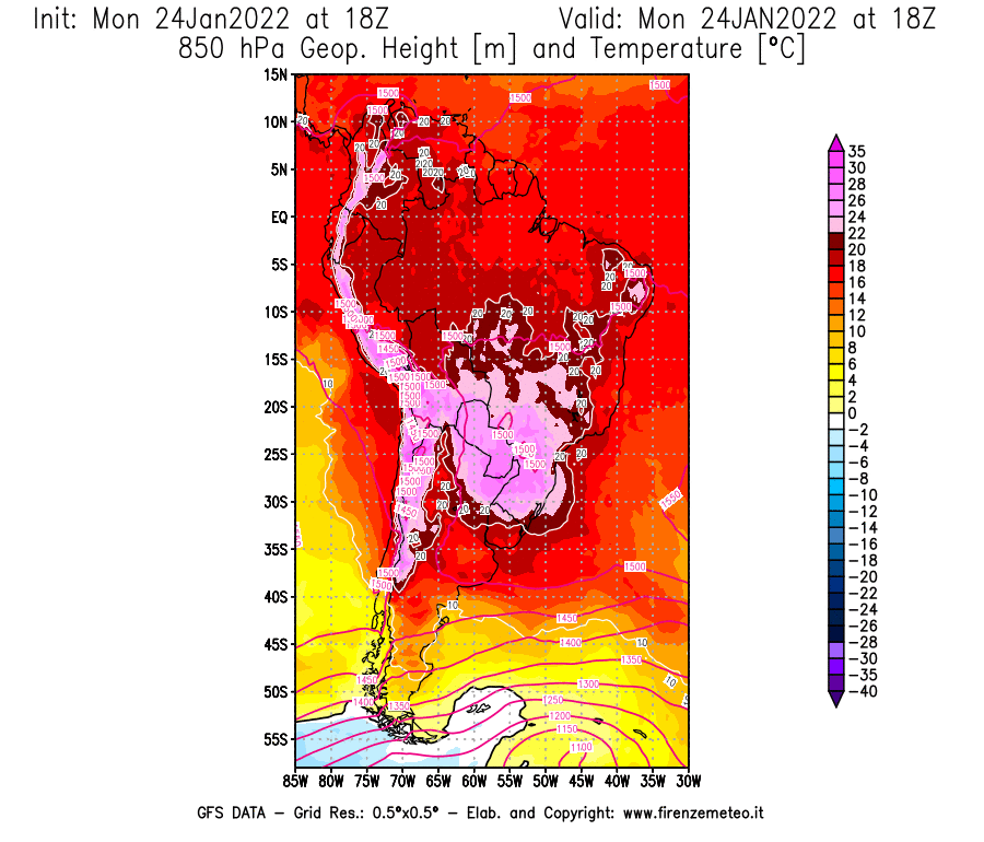 Mappa di analisi GFS - Geopotenziale [m] e Temperatura [°C] a 850 hPa in Sud-America
							del 24/01/2022 18 <!--googleoff: index-->UTC<!--googleon: index-->