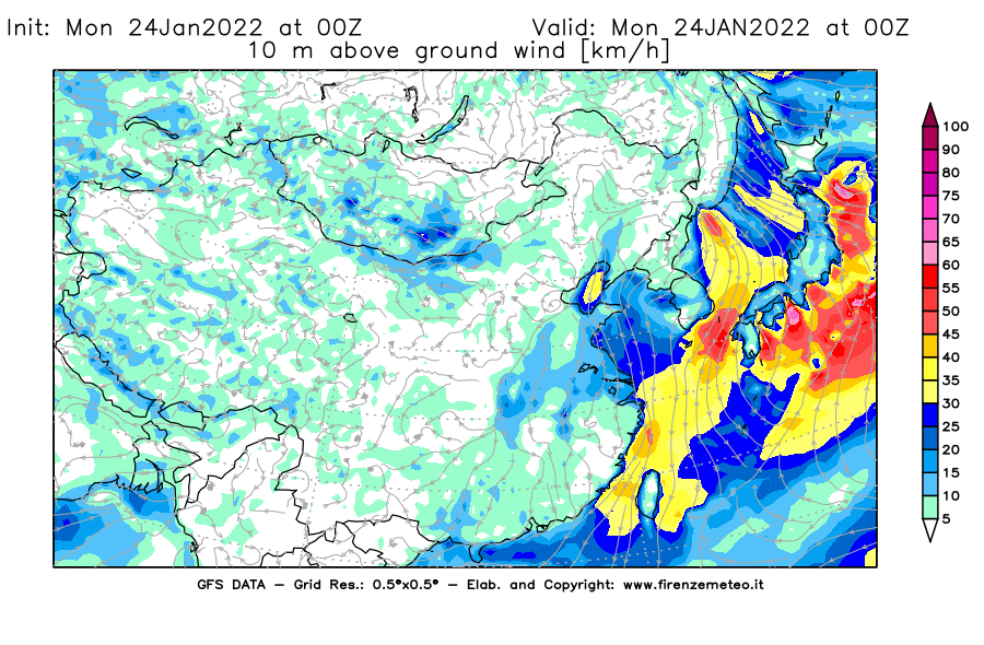 Mappa di analisi GFS - Velocità del vento a 10 metri dal suolo [km/h] in Asia Orientale
							del 24/01/2022 00 <!--googleoff: index-->UTC<!--googleon: index-->