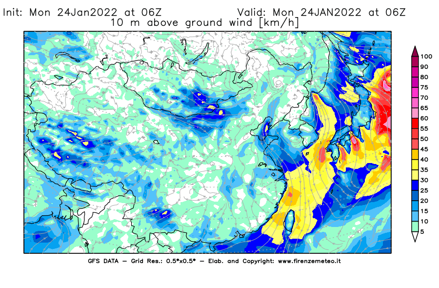 Mappa di analisi GFS - Velocità del vento a 10 metri dal suolo [km/h] in Asia Orientale
							del 24/01/2022 06 <!--googleoff: index-->UTC<!--googleon: index-->