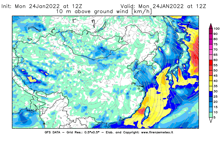 Mappa di analisi GFS - Velocità del vento a 10 metri dal suolo [km/h] in Asia Orientale
							del 24/01/2022 12 <!--googleoff: index-->UTC<!--googleon: index-->