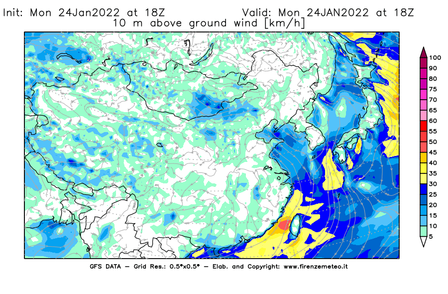 Mappa di analisi GFS - Velocità del vento a 10 metri dal suolo [km/h] in Asia Orientale
							del 24/01/2022 18 <!--googleoff: index-->UTC<!--googleon: index-->