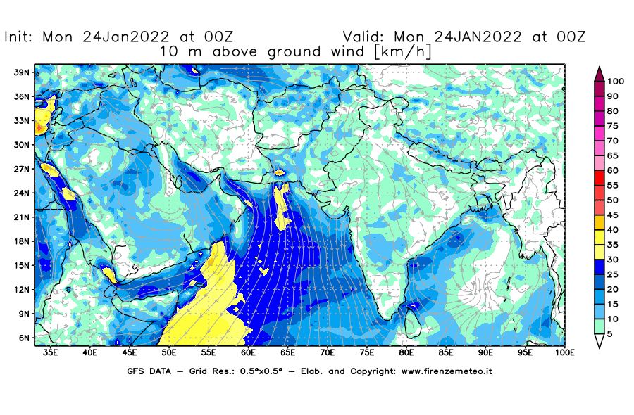 Mappa di analisi GFS - Velocità del vento a 10 metri dal suolo [km/h] in Asia Sud-Occidentale
							del 24/01/2022 00 <!--googleoff: index-->UTC<!--googleon: index-->