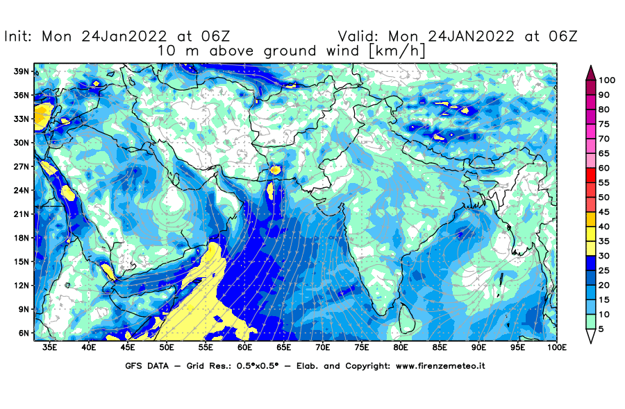 Mappa di analisi GFS - Velocità del vento a 10 metri dal suolo [km/h] in Asia Sud-Occidentale
							del 24/01/2022 06 <!--googleoff: index-->UTC<!--googleon: index-->