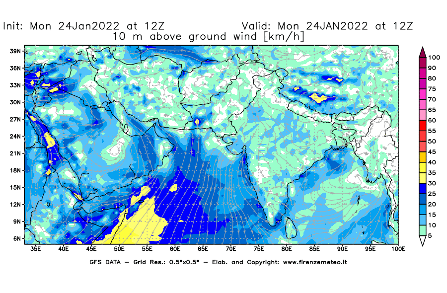 Mappa di analisi GFS - Velocità del vento a 10 metri dal suolo [km/h] in Asia Sud-Occidentale
							del 24/01/2022 12 <!--googleoff: index-->UTC<!--googleon: index-->