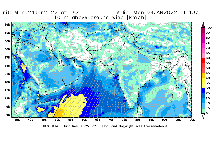Mappa di analisi GFS - Velocità del vento a 10 metri dal suolo [km/h] in Asia Sud-Occidentale
							del 24/01/2022 18 <!--googleoff: index-->UTC<!--googleon: index-->