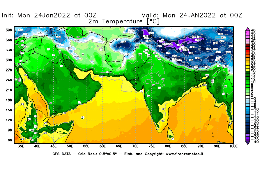Mappa di analisi GFS - Temperatura a 2 metri dal suolo [°C] in Asia Sud-Occidentale
							del 24/01/2022 00 <!--googleoff: index-->UTC<!--googleon: index-->