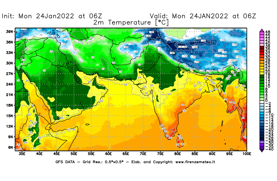 Mappa di analisi GFS - Temperatura a 2 metri dal suolo [°C] in Asia Sud-Occidentale
							del 24/01/2022 06 <!--googleoff: index-->UTC<!--googleon: index-->