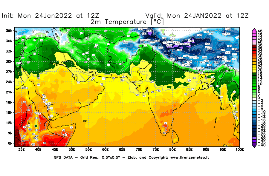 Mappa di analisi GFS - Temperatura a 2 metri dal suolo [°C] in Asia Sud-Occidentale
							del 24/01/2022 12 <!--googleoff: index-->UTC<!--googleon: index-->