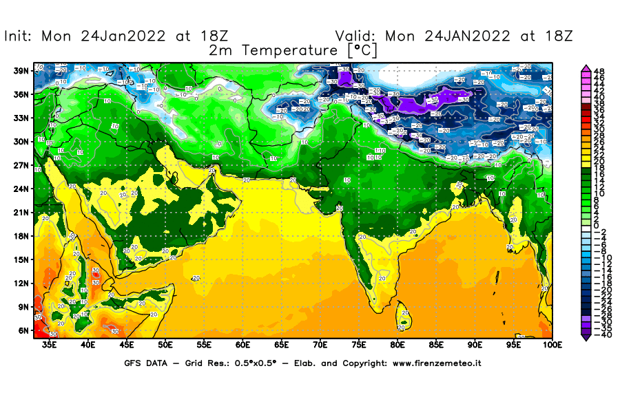 Mappa di analisi GFS - Temperatura a 2 metri dal suolo [°C] in Asia Sud-Occidentale
							del 24/01/2022 18 <!--googleoff: index-->UTC<!--googleon: index-->