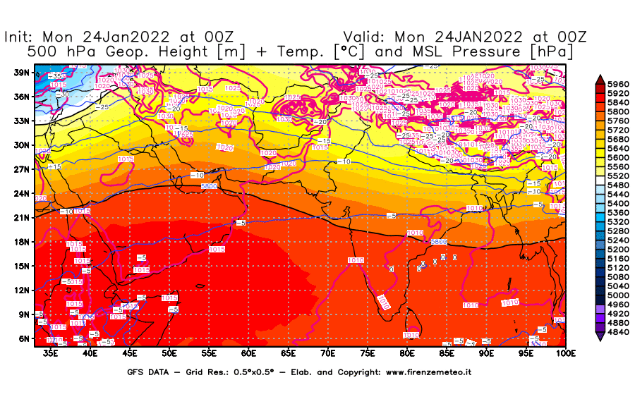 Mappa di analisi GFS - Geopotenziale [m] + Temp. [°C] a 500 hPa + Press. a livello del mare [hPa] in Asia Sud-Occidentale
							del 24/01/2022 00 <!--googleoff: index-->UTC<!--googleon: index-->