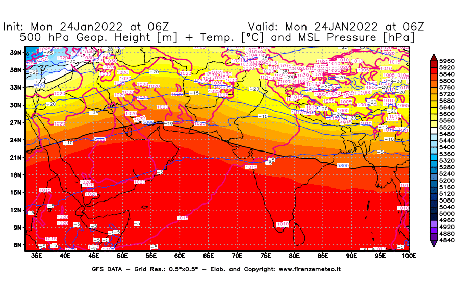 Mappa di analisi GFS - Geopotenziale [m] + Temp. [°C] a 500 hPa + Press. a livello del mare [hPa] in Asia Sud-Occidentale
							del 24/01/2022 06 <!--googleoff: index-->UTC<!--googleon: index-->