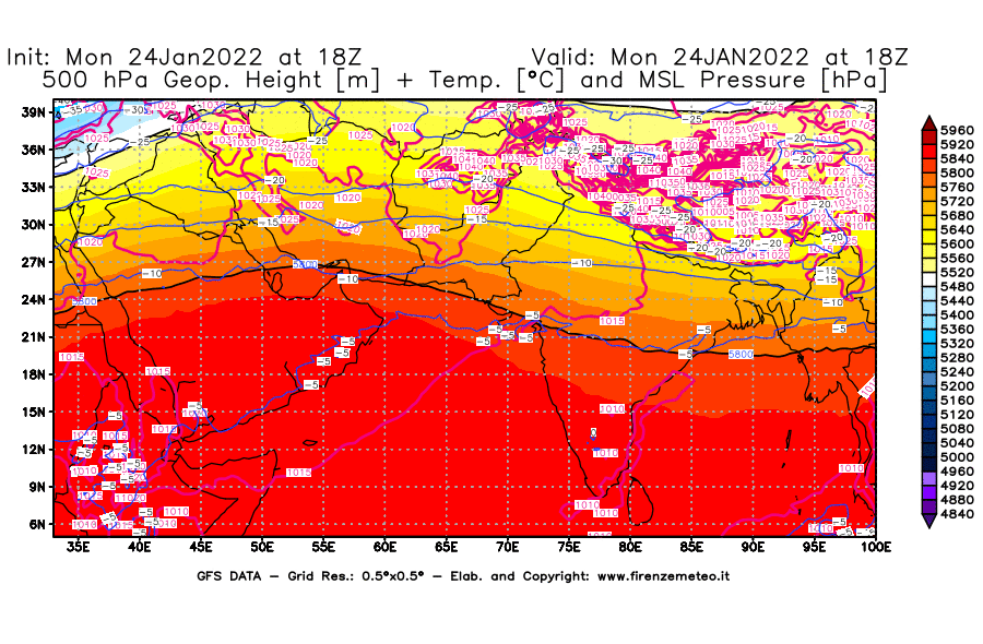Mappa di analisi GFS - Geopotenziale [m] + Temp. [°C] a 500 hPa + Press. a livello del mare [hPa] in Asia Sud-Occidentale
							del 24/01/2022 18 <!--googleoff: index-->UTC<!--googleon: index-->