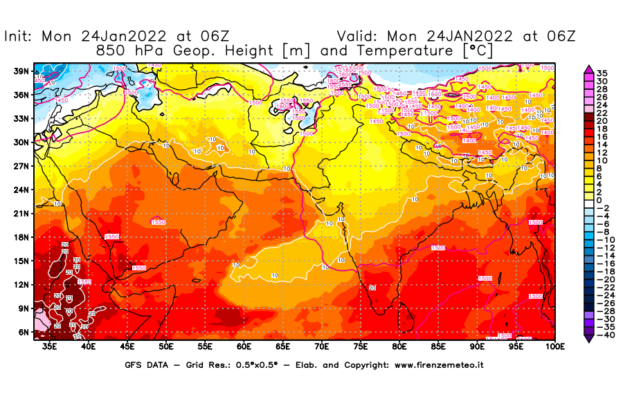 Mappa di analisi GFS - Geopotenziale [m] e Temperatura [°C] a 850 hPa in Asia Sud-Occidentale
							del 24/01/2022 06 <!--googleoff: index-->UTC<!--googleon: index-->