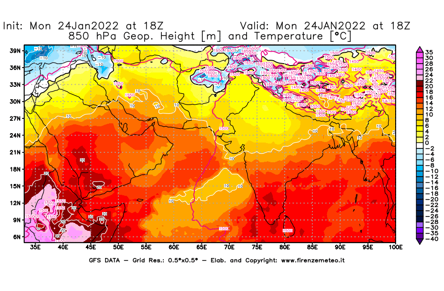 Mappa di analisi GFS - Geopotenziale [m] e Temperatura [°C] a 850 hPa in Asia Sud-Occidentale
							del 24/01/2022 18 <!--googleoff: index-->UTC<!--googleon: index-->