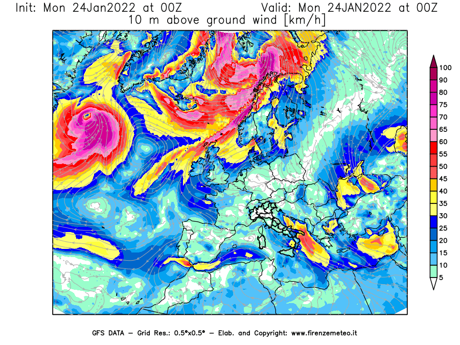 Mappa di analisi GFS - Velocità del vento a 10 metri dal suolo [km/h] in Europa
							del 24/01/2022 00 <!--googleoff: index-->UTC<!--googleon: index-->