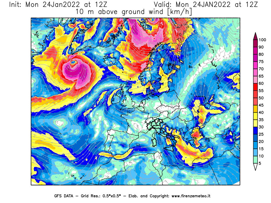 Mappa di analisi GFS - Velocità del vento a 10 metri dal suolo [km/h] in Europa
							del 24/01/2022 12 <!--googleoff: index-->UTC<!--googleon: index-->