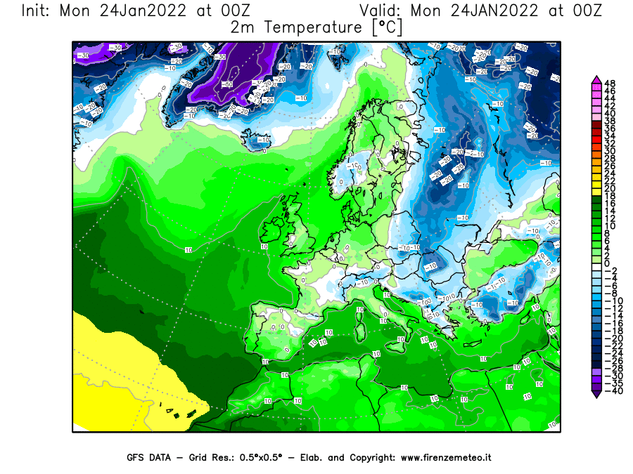 Mappa di analisi GFS - Temperatura a 2 metri dal suolo [°C] in Europa
							del 24/01/2022 00 <!--googleoff: index-->UTC<!--googleon: index-->