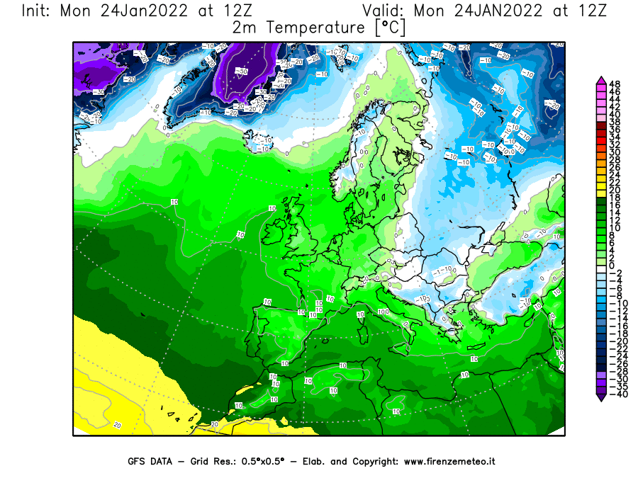 Mappa di analisi GFS - Temperatura a 2 metri dal suolo [°C] in Europa
							del 24/01/2022 12 <!--googleoff: index-->UTC<!--googleon: index-->