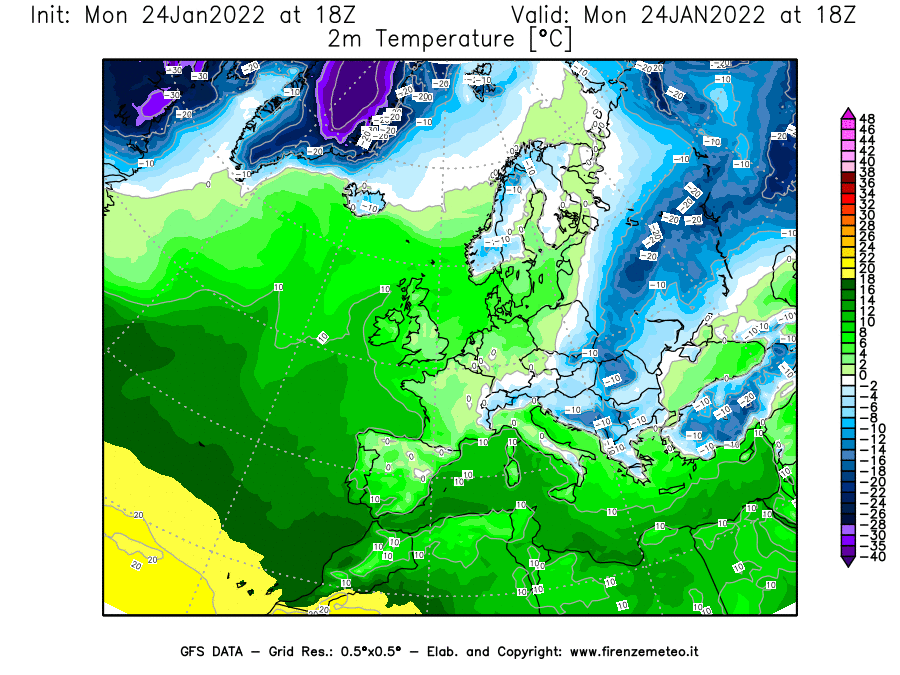 Mappa di analisi GFS - Temperatura a 2 metri dal suolo [°C] in Europa
							del 24/01/2022 18 <!--googleoff: index-->UTC<!--googleon: index-->