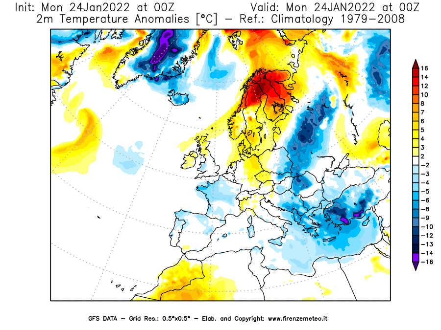 Mappa di analisi GFS - Anomalia Temperatura [°C] a 2 m in Europa
							del 24/01/2022 00 <!--googleoff: index-->UTC<!--googleon: index-->