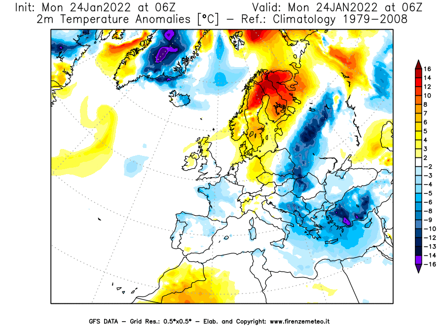 Mappa di analisi GFS - Anomalia Temperatura [°C] a 2 m in Europa
							del 24/01/2022 06 <!--googleoff: index-->UTC<!--googleon: index-->