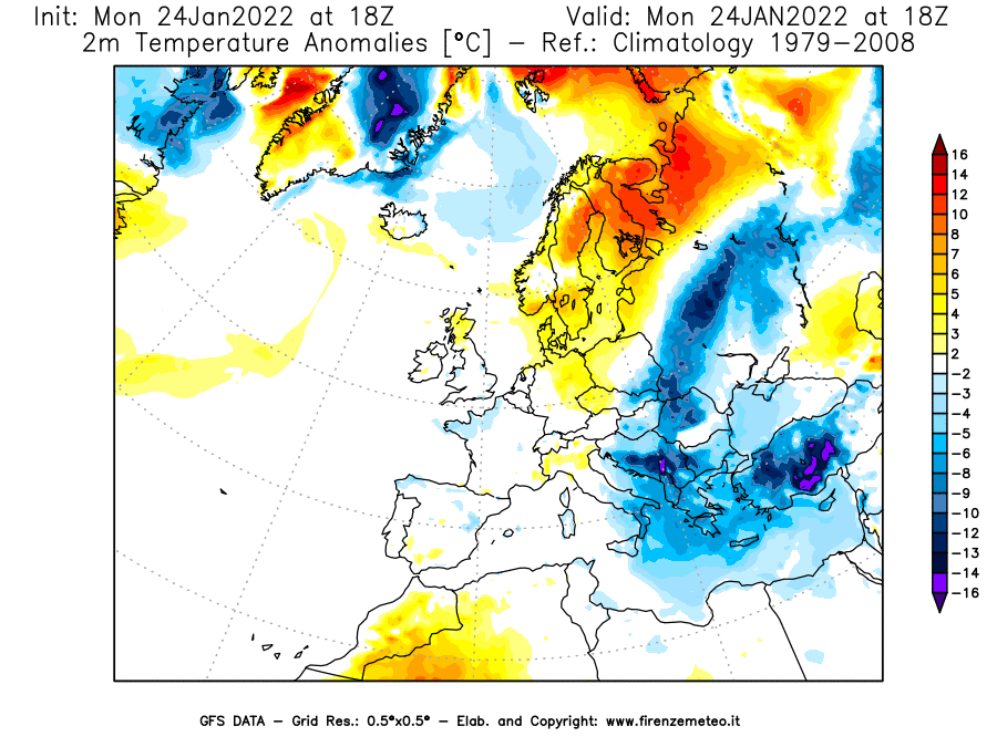 Mappa di analisi GFS - Anomalia Temperatura [°C] a 2 m in Europa
							del 24/01/2022 18 <!--googleoff: index-->UTC<!--googleon: index-->