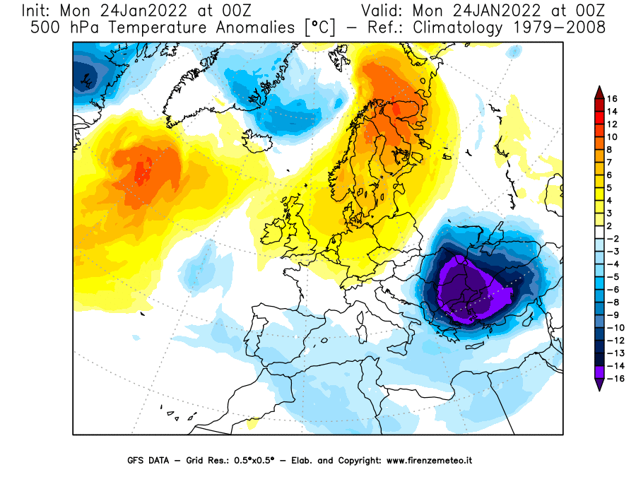 Mappa di analisi GFS - Anomalia Temperatura [°C] a 500 hPa in Europa
							del 24/01/2022 00 <!--googleoff: index-->UTC<!--googleon: index-->