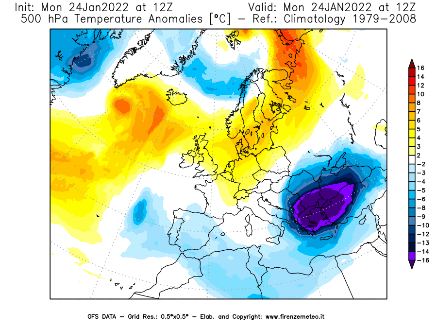 Mappa di analisi GFS - Anomalia Temperatura [°C] a 500 hPa in Europa
							del 24/01/2022 12 <!--googleoff: index-->UTC<!--googleon: index-->