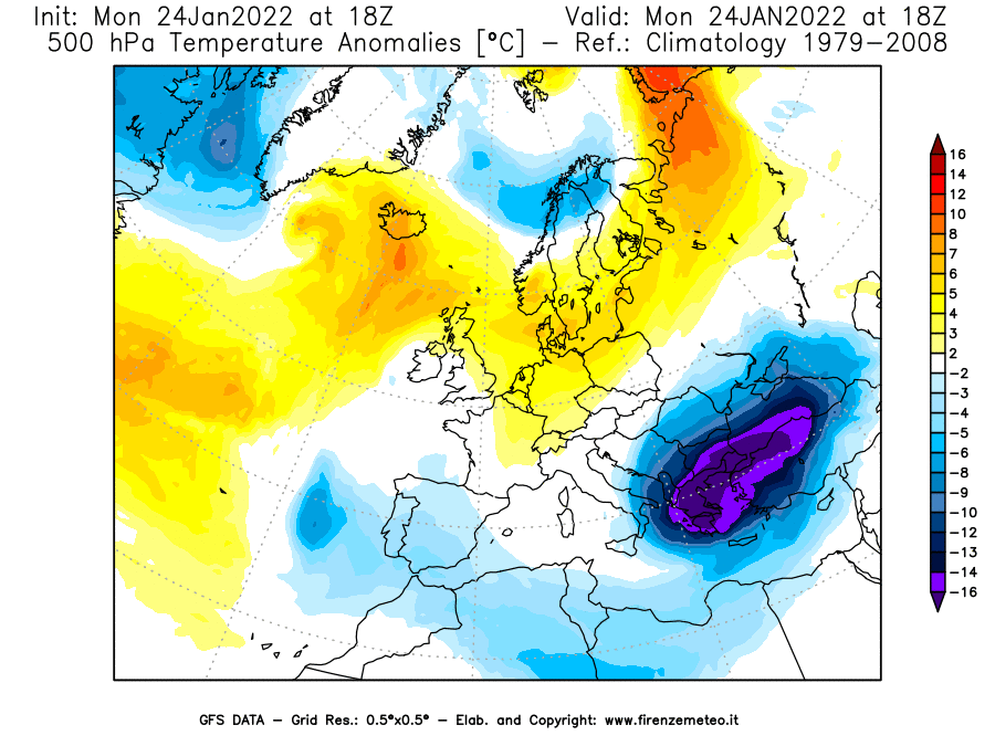 Mappa di analisi GFS - Anomalia Temperatura [°C] a 500 hPa in Europa
							del 24/01/2022 18 <!--googleoff: index-->UTC<!--googleon: index-->