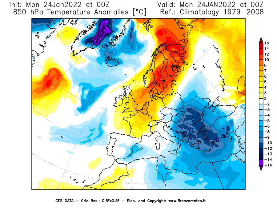 Mappa di analisi GFS - Anomalia Temperatura [°C] a 850 hPa in Europa
							del 24/01/2022 00 <!--googleoff: index-->UTC<!--googleon: index-->