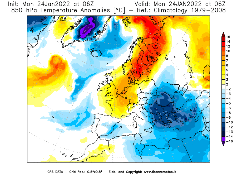 Mappa di analisi GFS - Anomalia Temperatura [°C] a 850 hPa in Europa
							del 24/01/2022 06 <!--googleoff: index-->UTC<!--googleon: index-->