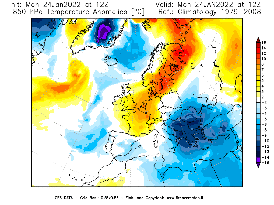 Mappa di analisi GFS - Anomalia Temperatura [°C] a 850 hPa in Europa
							del 24/01/2022 12 <!--googleoff: index-->UTC<!--googleon: index-->