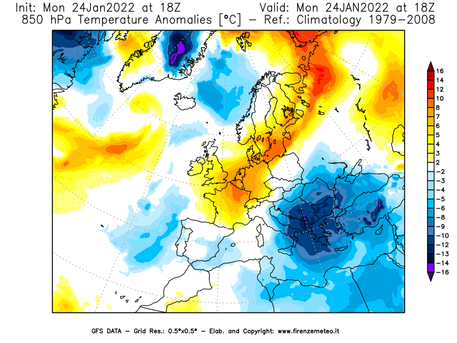 Mappa di analisi GFS - Anomalia Temperatura [°C] a 850 hPa in Europa
							del 24/01/2022 18 <!--googleoff: index-->UTC<!--googleon: index-->