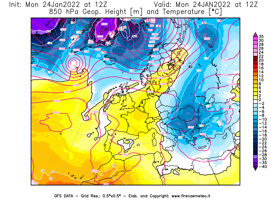 Mappa di analisi GFS - Geopotenziale [m] e Temperatura [°C] a 850 hPa in Europa
							del 24/01/2022 12 <!--googleoff: index-->UTC<!--googleon: index-->