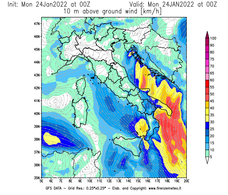 Mappa di analisi GFS - Velocità del vento a 10 metri dal suolo [km/h] in Italia
							del 24/01/2022 00 <!--googleoff: index-->UTC<!--googleon: index-->