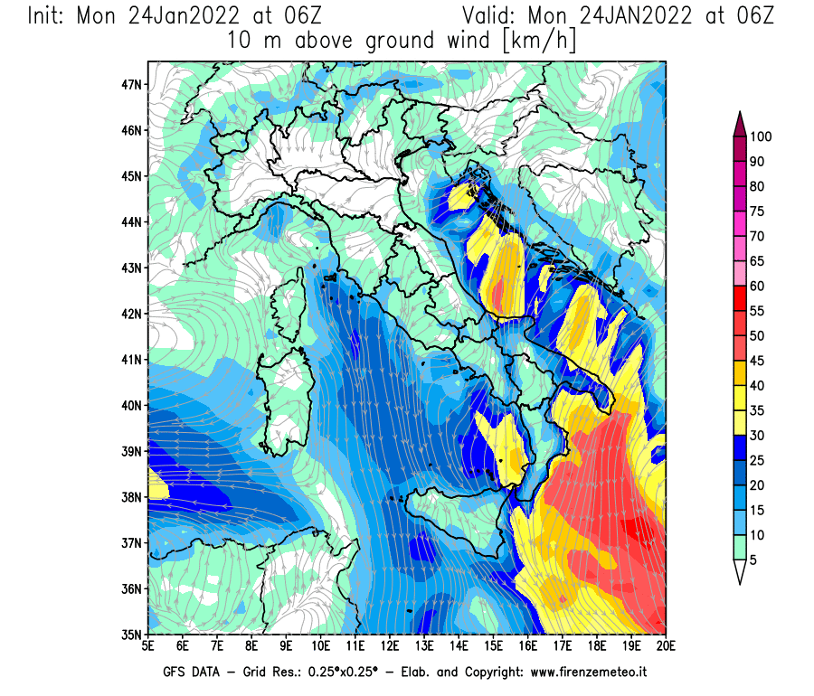 Mappa di analisi GFS - Velocità del vento a 10 metri dal suolo [km/h] in Italia
							del 24/01/2022 06 <!--googleoff: index-->UTC<!--googleon: index-->