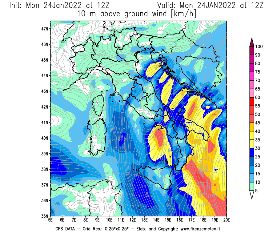 Mappa di analisi GFS - Velocità del vento a 10 metri dal suolo [km/h] in Italia
							del 24/01/2022 12 <!--googleoff: index-->UTC<!--googleon: index-->