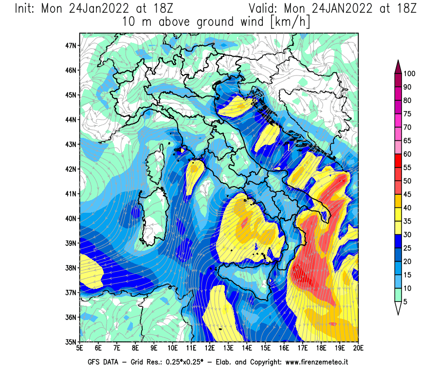 Mappa di analisi GFS - Velocità del vento a 10 metri dal suolo [km/h] in Italia
							del 24/01/2022 18 <!--googleoff: index-->UTC<!--googleon: index-->