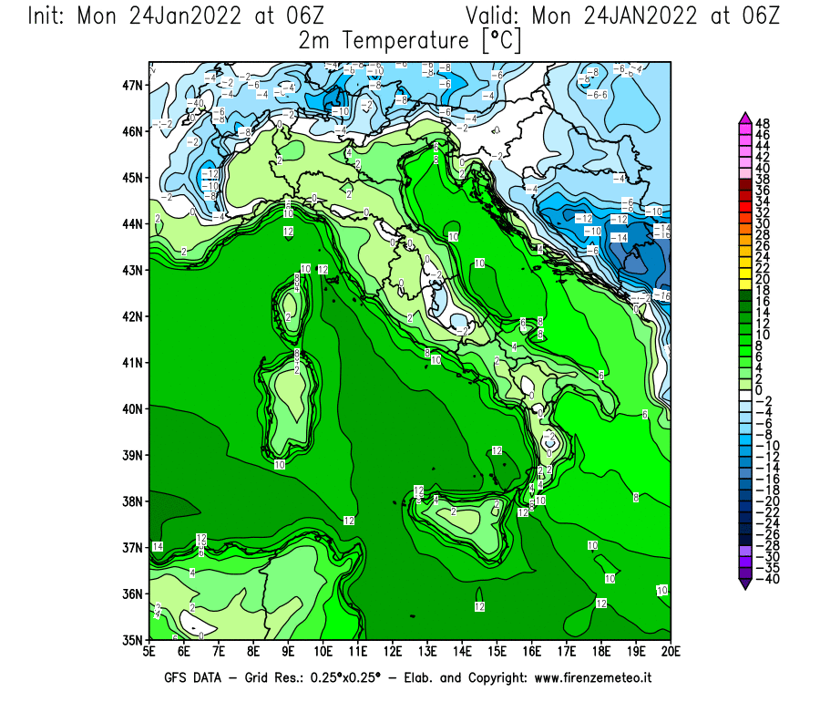 Mappa di analisi GFS - Temperatura a 2 metri dal suolo [°C] in Italia
							del 24/01/2022 06 <!--googleoff: index-->UTC<!--googleon: index-->