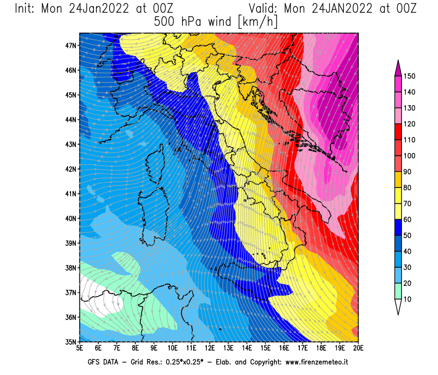 Mappa di analisi GFS - Velocità del vento a 500 hPa [km/h] in Italia
							del 24/01/2022 00 <!--googleoff: index-->UTC<!--googleon: index-->