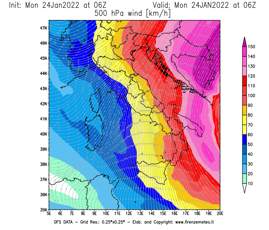 Mappa di analisi GFS - Velocità del vento a 500 hPa [km/h] in Italia
							del 24/01/2022 06 <!--googleoff: index-->UTC<!--googleon: index-->
