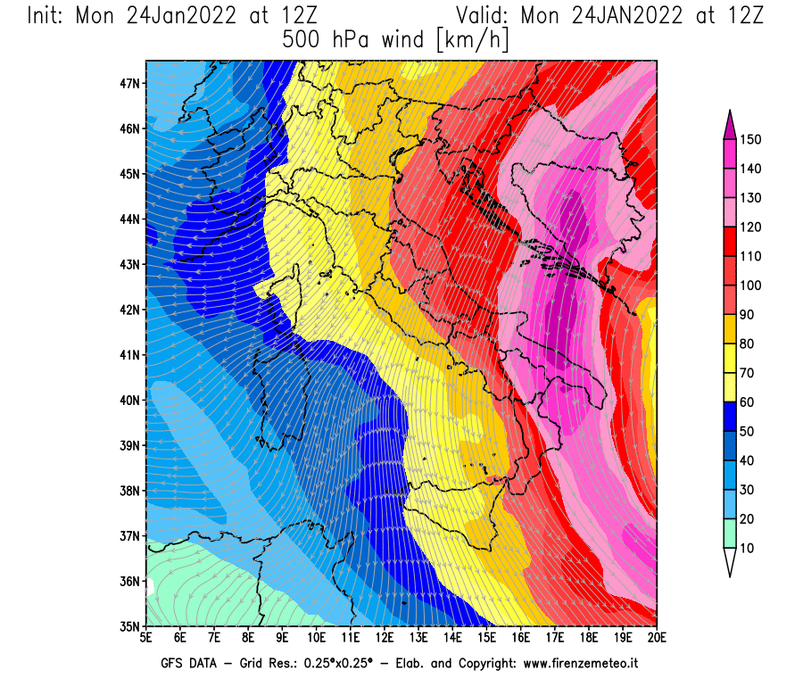 Mappa di analisi GFS - Velocità del vento a 500 hPa [km/h] in Italia
							del 24/01/2022 12 <!--googleoff: index-->UTC<!--googleon: index-->