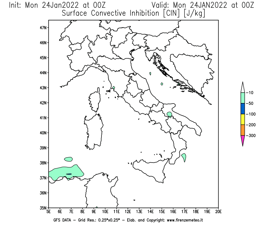 Mappa di analisi GFS - CIN [J/kg] in Italia
							del 24/01/2022 00 <!--googleoff: index-->UTC<!--googleon: index-->