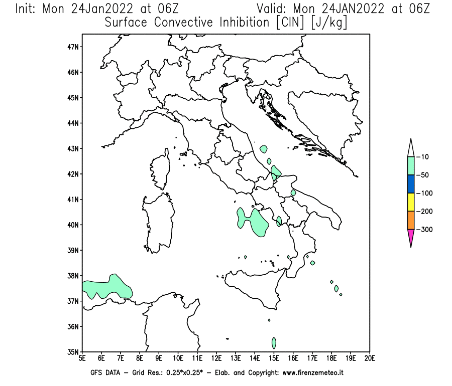 Mappa di analisi GFS - CIN [J/kg] in Italia
							del 24/01/2022 06 <!--googleoff: index-->UTC<!--googleon: index-->