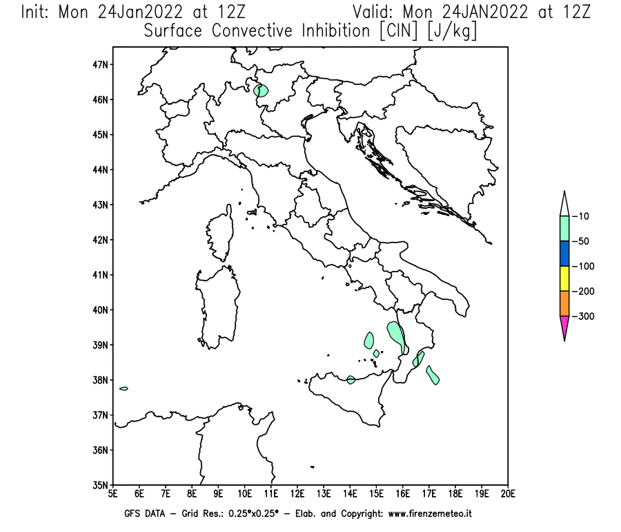 Mappa di analisi GFS - CIN [J/kg] in Italia
							del 24/01/2022 12 <!--googleoff: index-->UTC<!--googleon: index-->