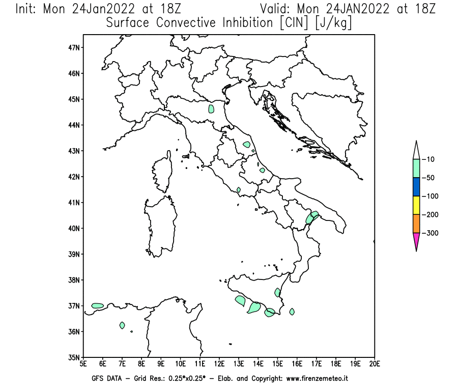 Mappa di analisi GFS - CIN [J/kg] in Italia
							del 24/01/2022 18 <!--googleoff: index-->UTC<!--googleon: index-->